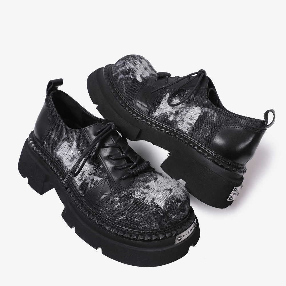 Female Distressed Denim Platform Shoes with Chunky Soles black lace-up derby style with worn patch accents