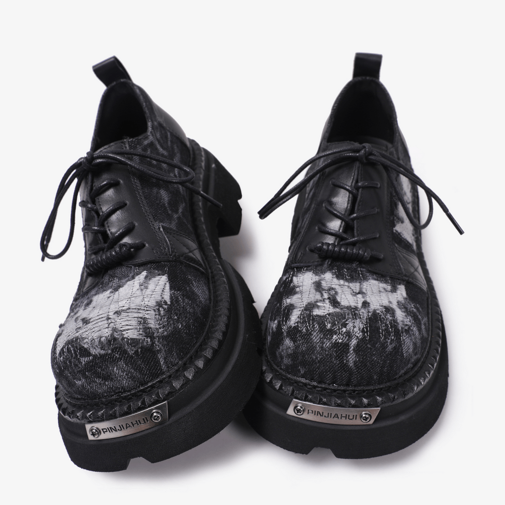 Female Distressed Denim Platform Shoes with Chunky Soles, black lace-up punk derby shoes with worn patches