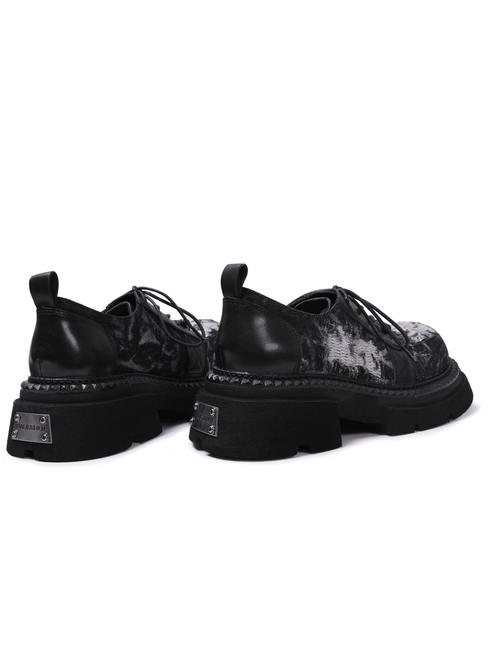 Female Distressed Denim Platform Shoes with Chunky Soles black lace-up derby shoes with worn patches and lug soles