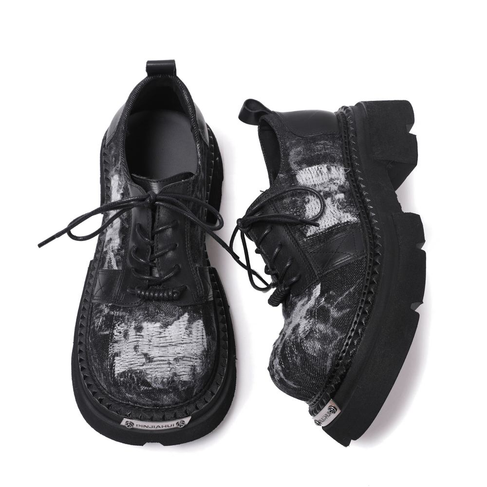 Female Distressed Denim Platform Shoes with Chunky Soles, black punk lace-up derby shoes with frayed patches and lug soles