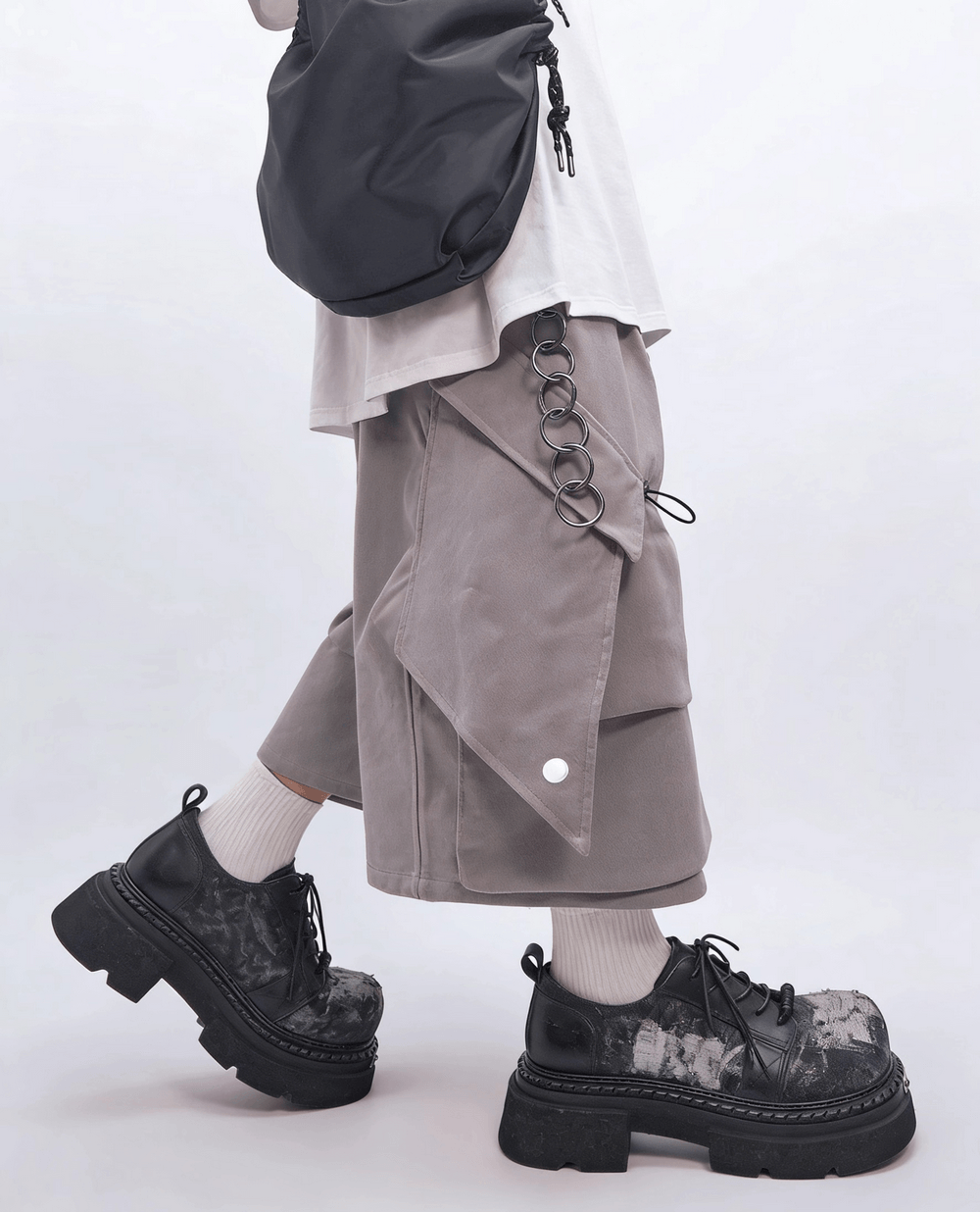 Female Distressed Denim Platform Shoes with Chunky Soles, punk lace-up derby shoes with worn patch accents
