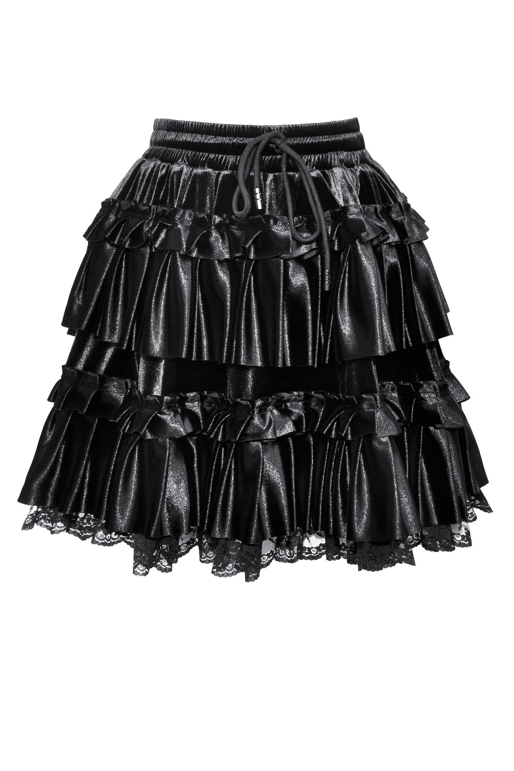 Black velvet frilly layered mini skirt with lace trim and ruffled tiers for stylish, sophisticated outfits.