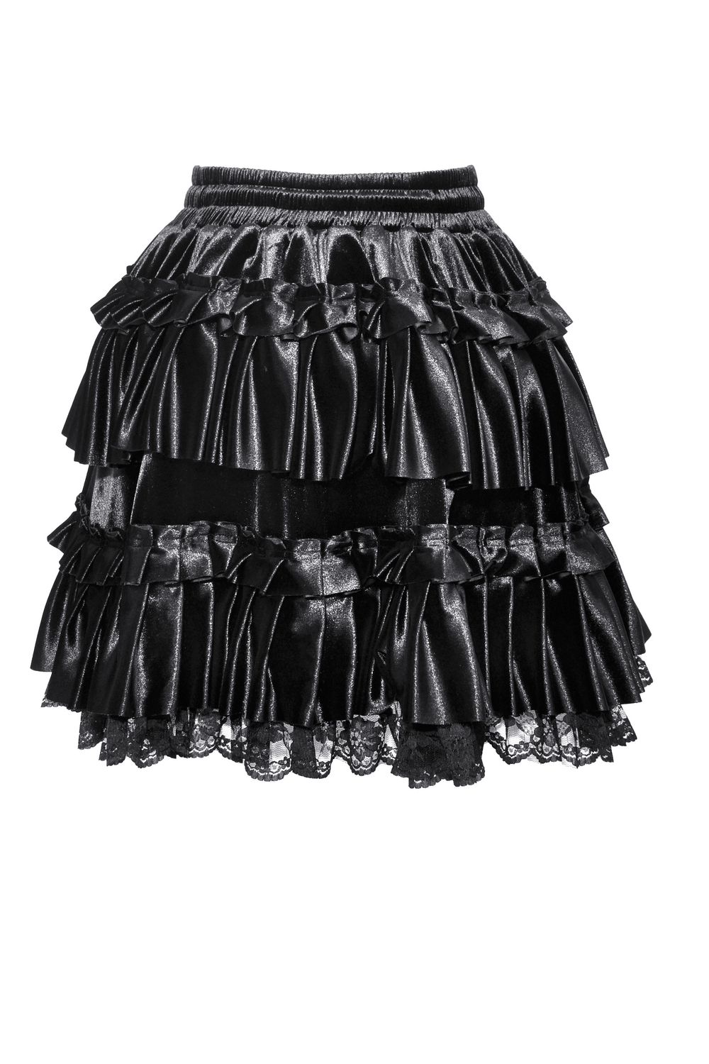 Luxurious black velvet mini skirt with frilly layered design and delicate lace trim for stylish looks.