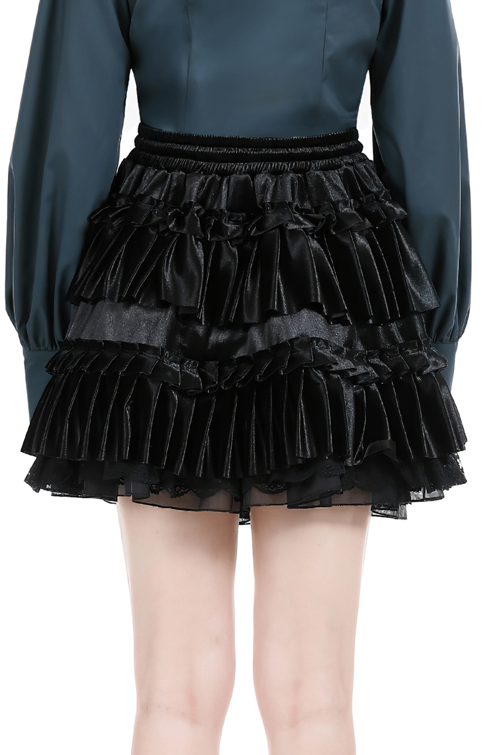 Black velvet frilly layered mini skirt with lace trim, showcasing ruffled tiers for a stylish look.