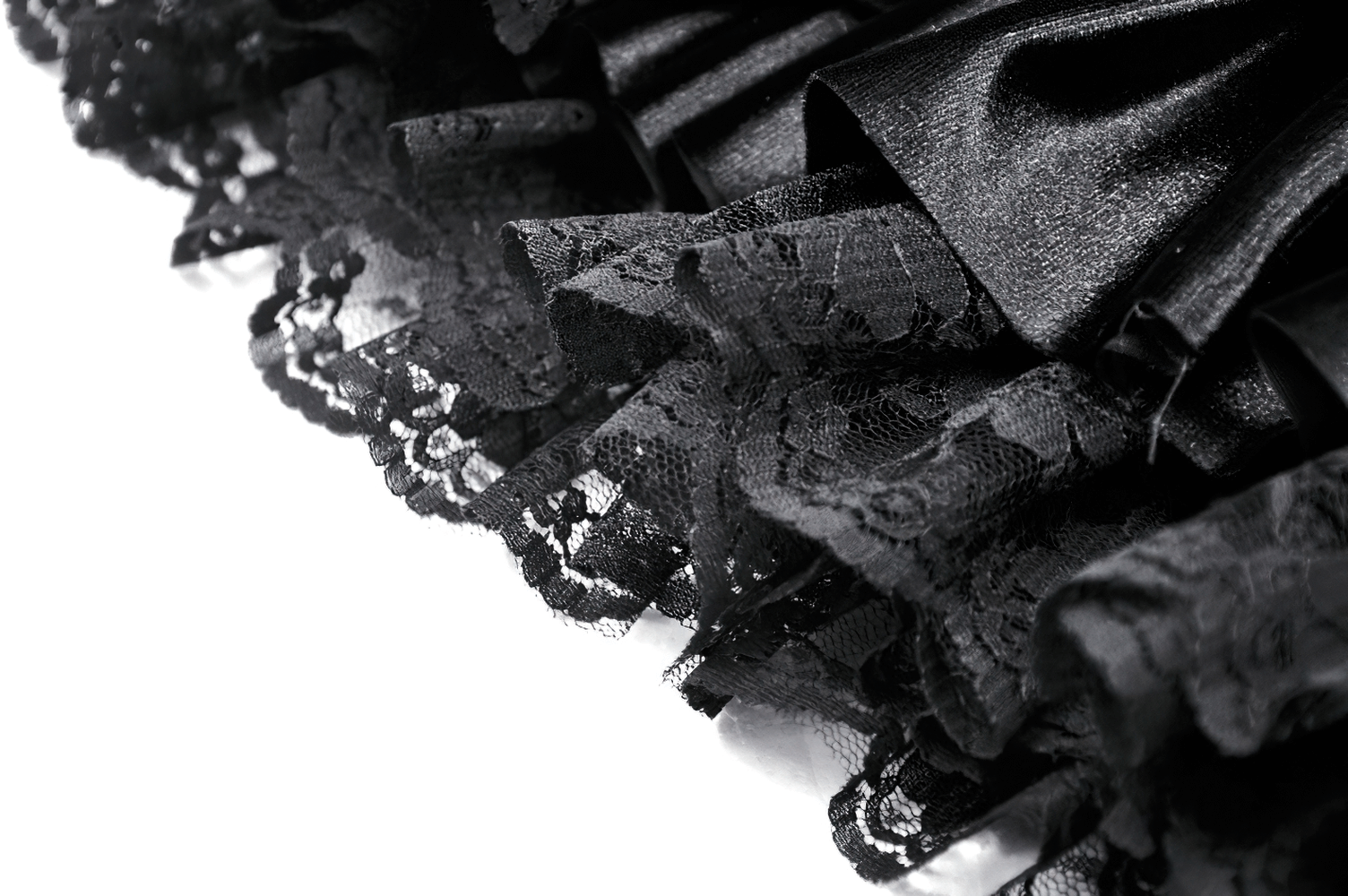 Black velvet mini skirt with layered ruffles and delicate lace trim, perfect for stylish outfits.