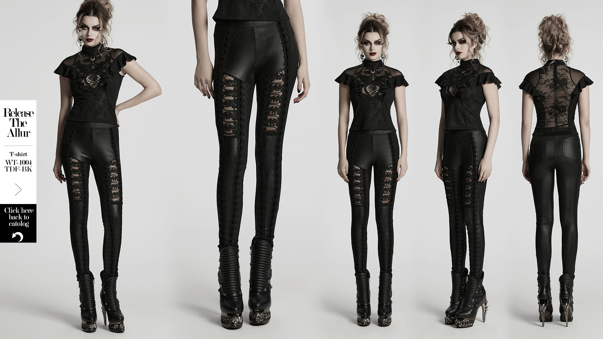 Female glossy black lace spliced gothic leggings with stylish cuts, perfect for edgy fashion enthusiasts.