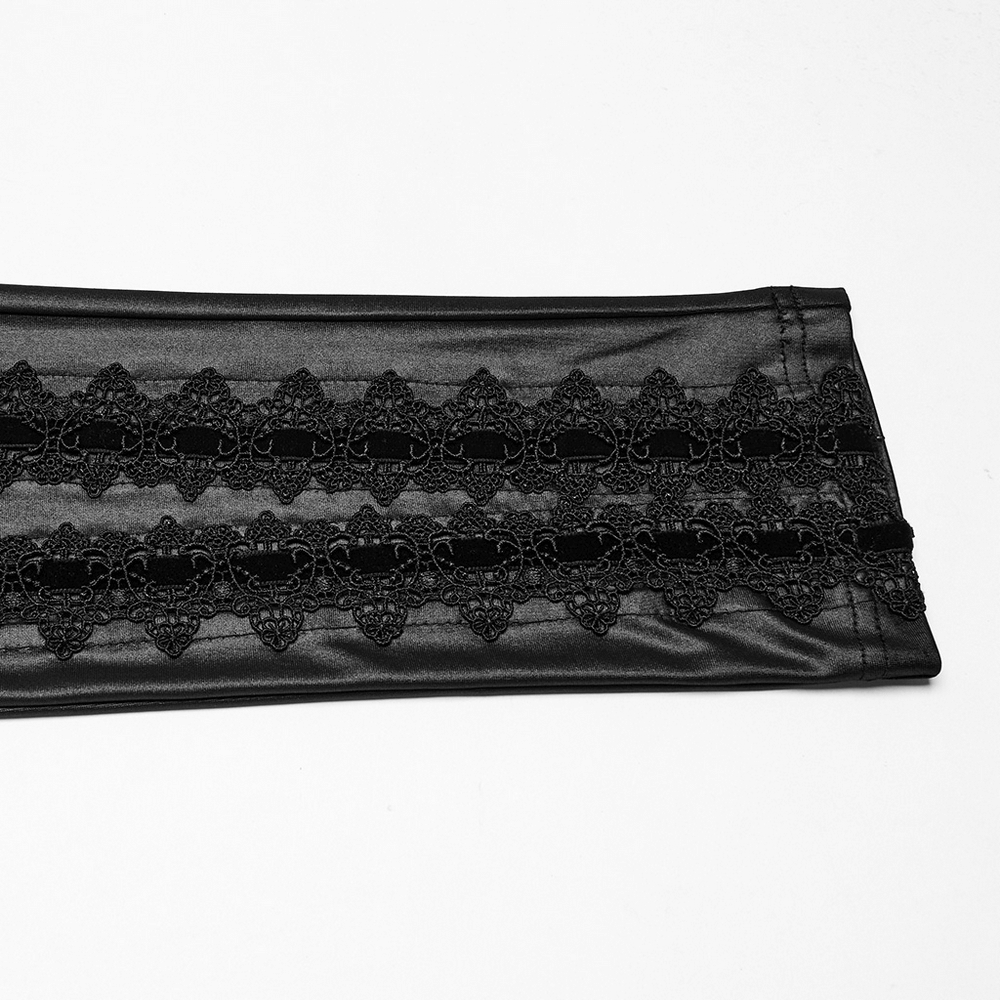 Stylish female glossy black lace spliced gothic leggings close-up, perfect for edgy fashion enthusiasts.