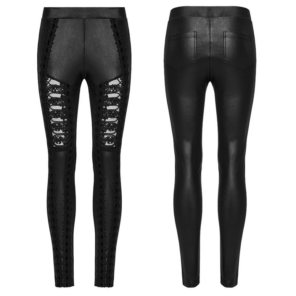 Female glossy black lace spliced gothic leggings featuring unique cutouts and stylish faux leather design.