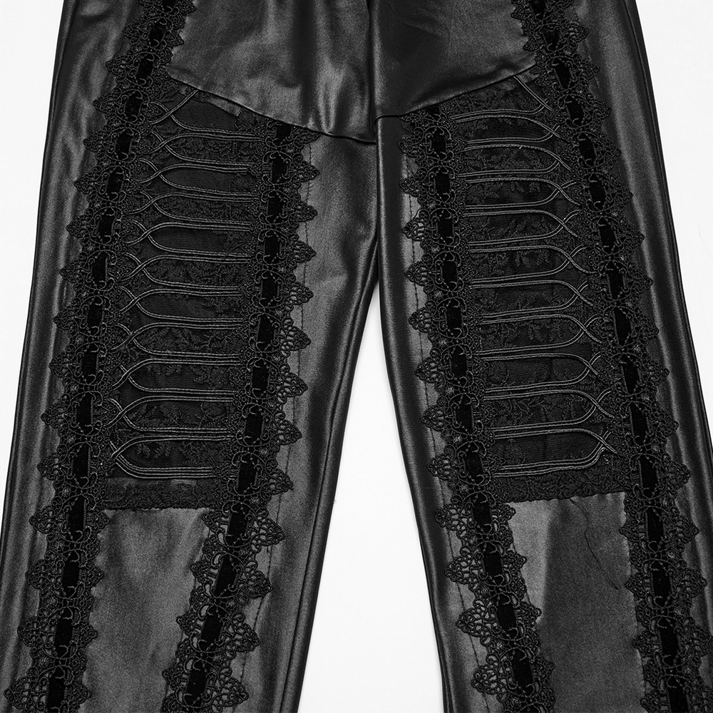 Glossy black lace spliced gothic leggings showcasing intricate lace detailing and sleek design for stylish outfits.