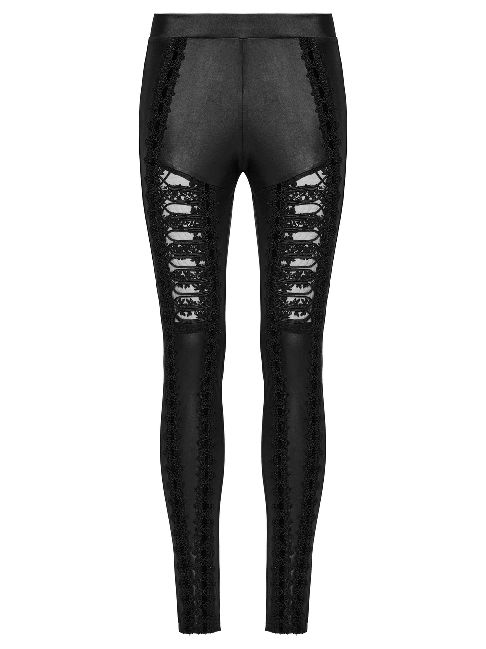Stylish female glossy black lace spliced gothic leggings with unique cutout design and intricate lace detailing.