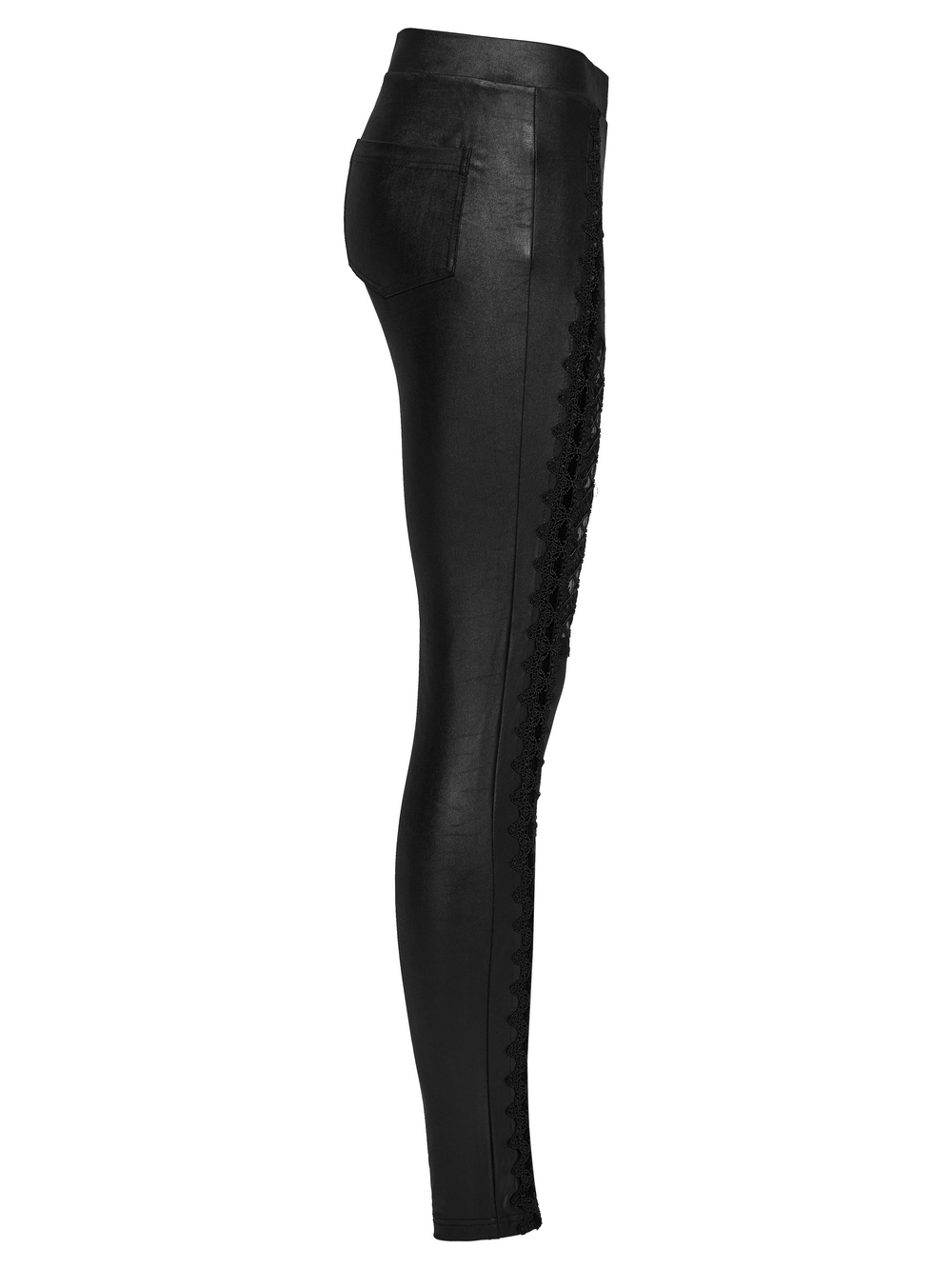 Stylish female glossy black leggings with lace spliced details, perfect for gothic fashion lovers.