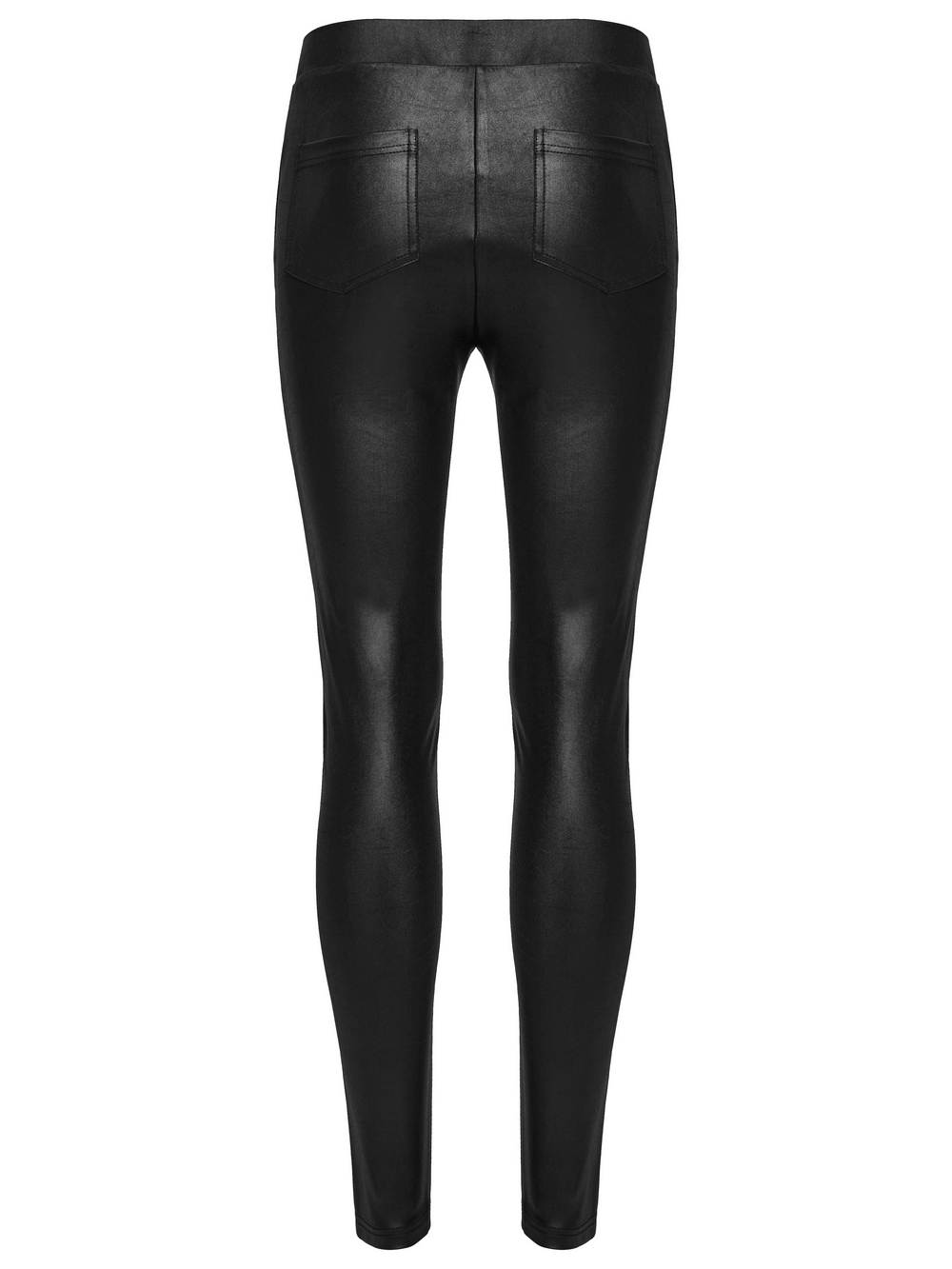 Back view of female glossy black lace spliced gothic leggings with pockets, perfect for a stylish and edgy look.