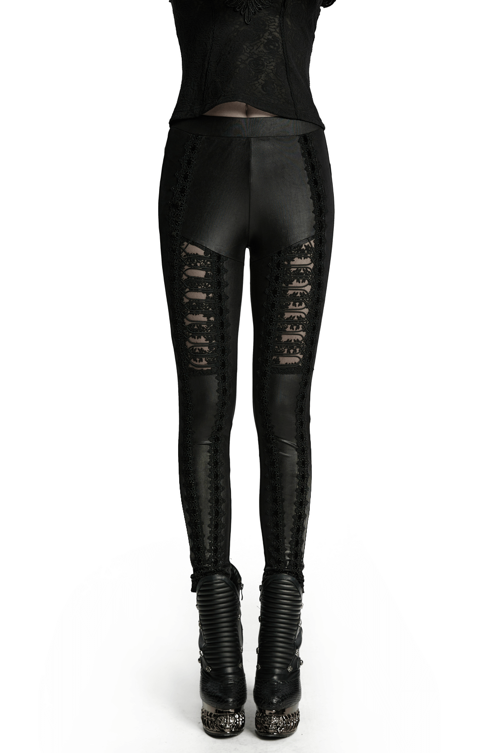 Female glossy black lace spliced gothic leggings, trendy and edgy, perfect for alternative fashion lovers.