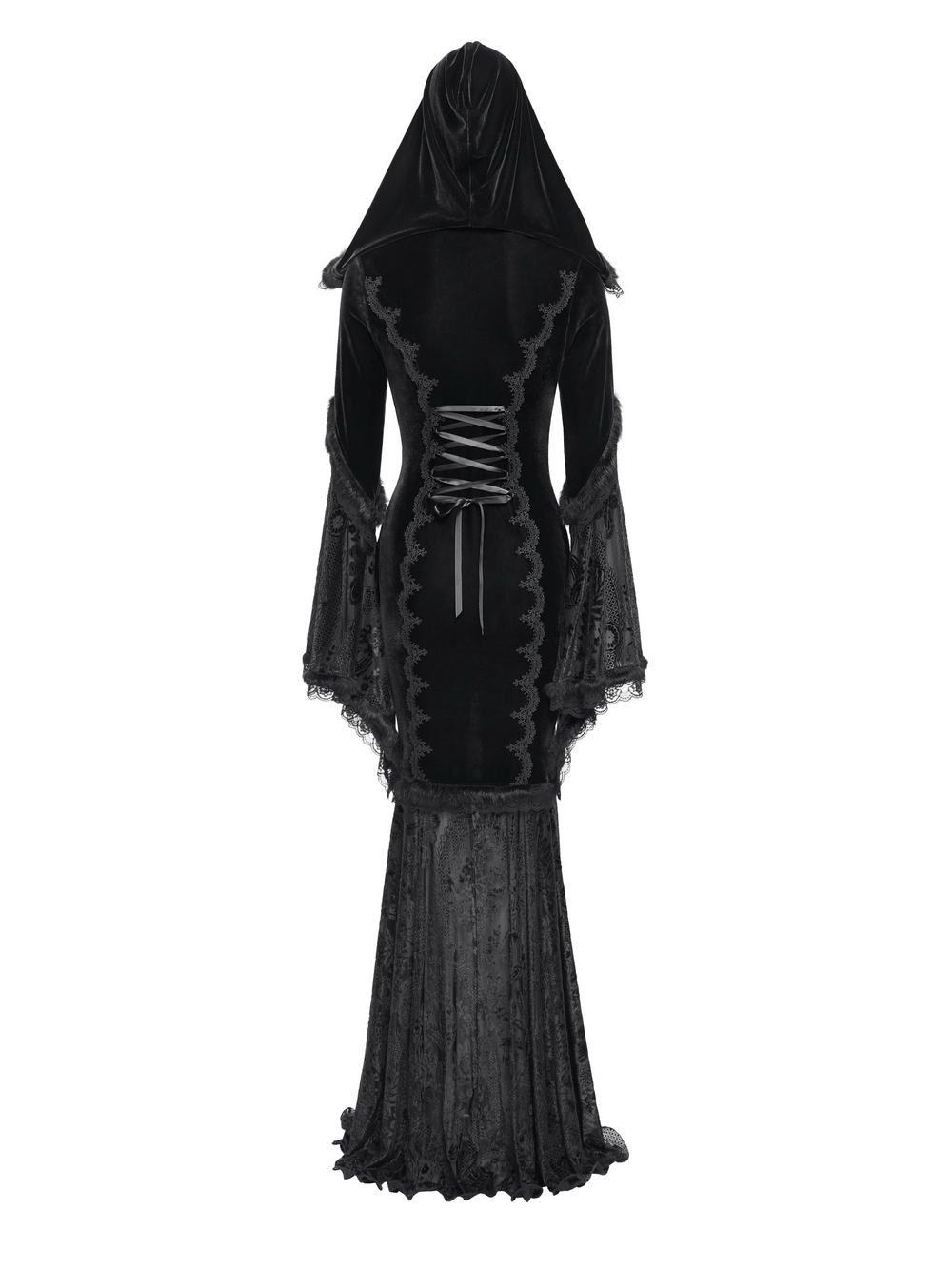 Elegant female goth hooded dress in black velvet with lace trim and corset details, perfect for witchy outfits and cosplay.