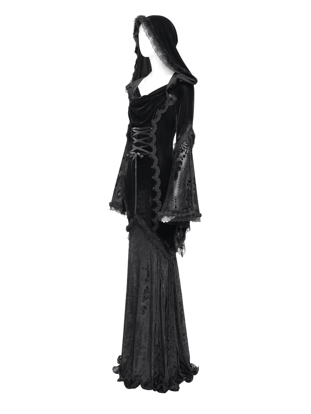 Gothic long-sleeved hooded dress in black velvet with lace trim and corset details, perfect for witchy outfits.