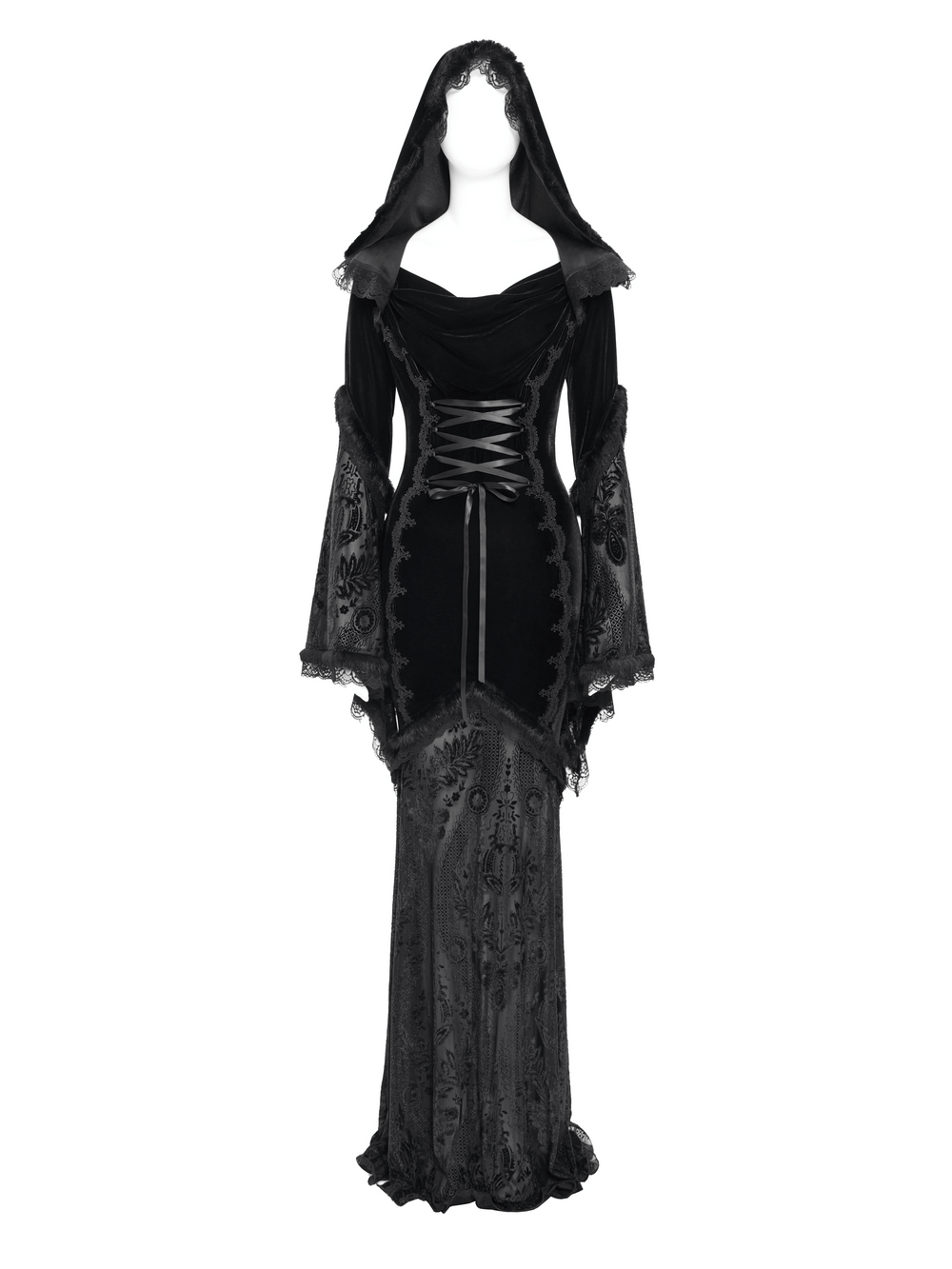 Elegant female goth dress with hood, lace details, and corset style, perfect for witchy outfits and special occasions.