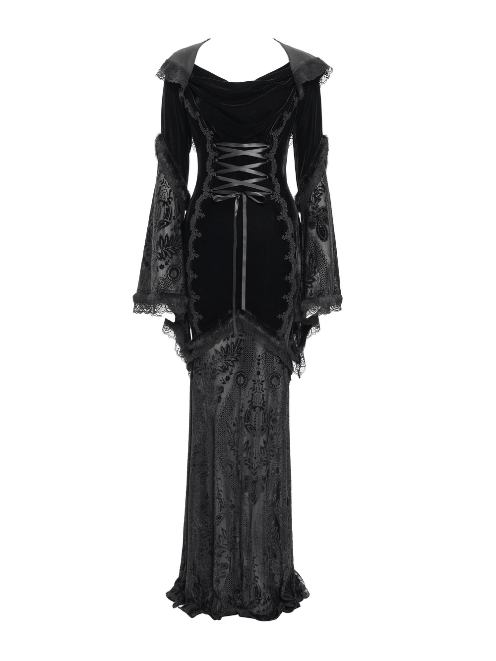 Female goth hooded dress with lace trim, corset details, and flowing skirt for witchy, gothic style.