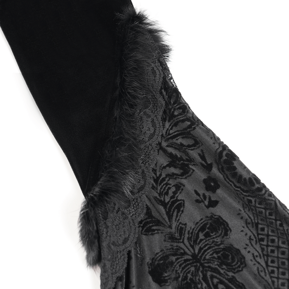 Close-up of gothic dress sleeve with black lace trim and furry detail, showcasing dark elegance and style.