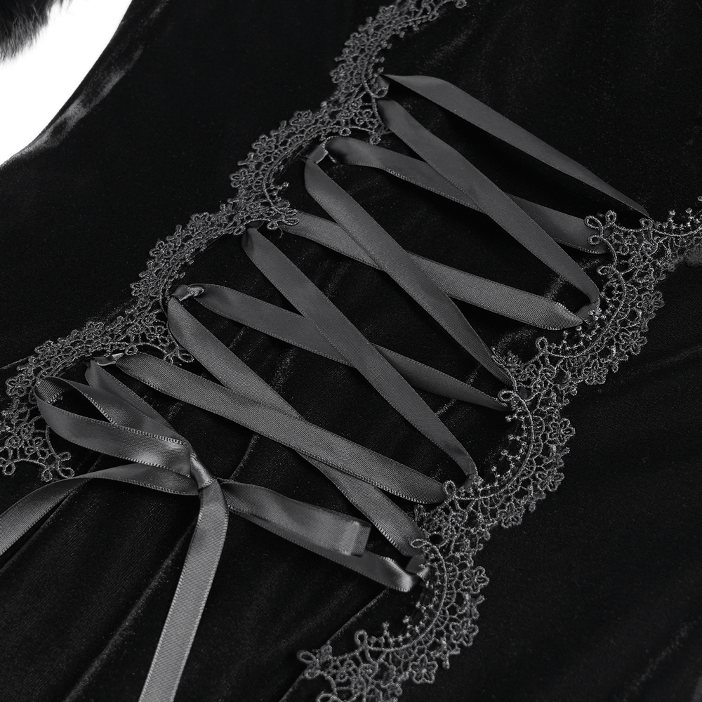 Close-up of goth dress featuring intricate lace corset with satin ribbons and elegant embroidery details.