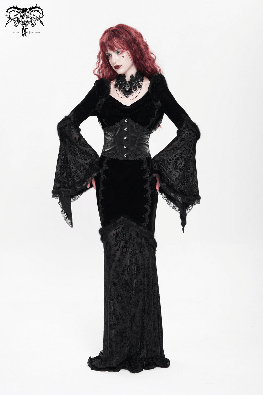 Female goth dress with hood, lace corset details, and bell sleeves for dark elegance and witchy style.