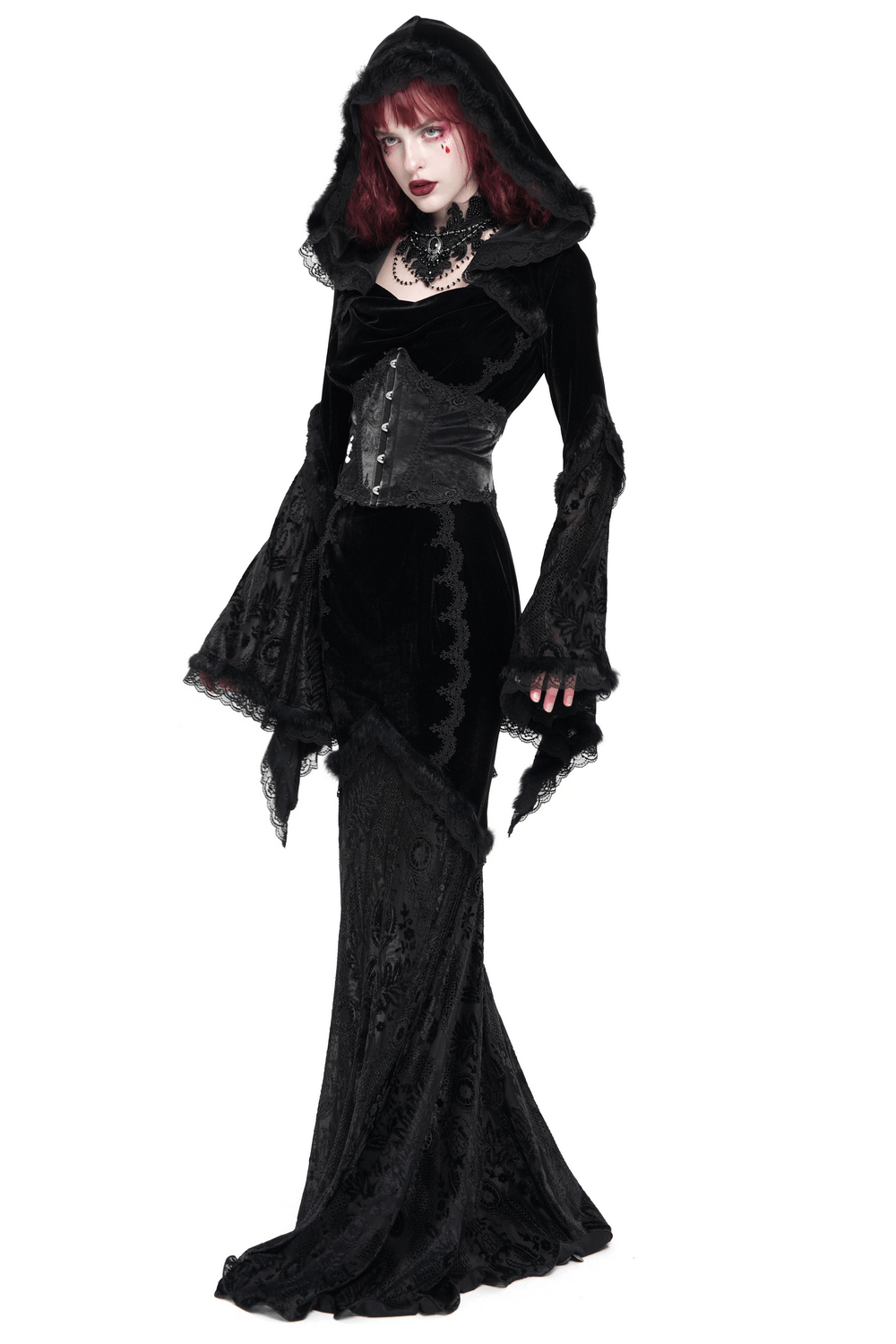 Female Goth hooded dress featuring lace trim, corset details, and bell sleeves for a mystical, witchy style.