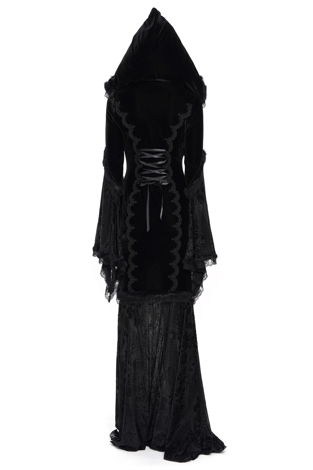 Back view of female goth hooded dress in black velvet with lace trim and corset details, perfect for witchy outfits.