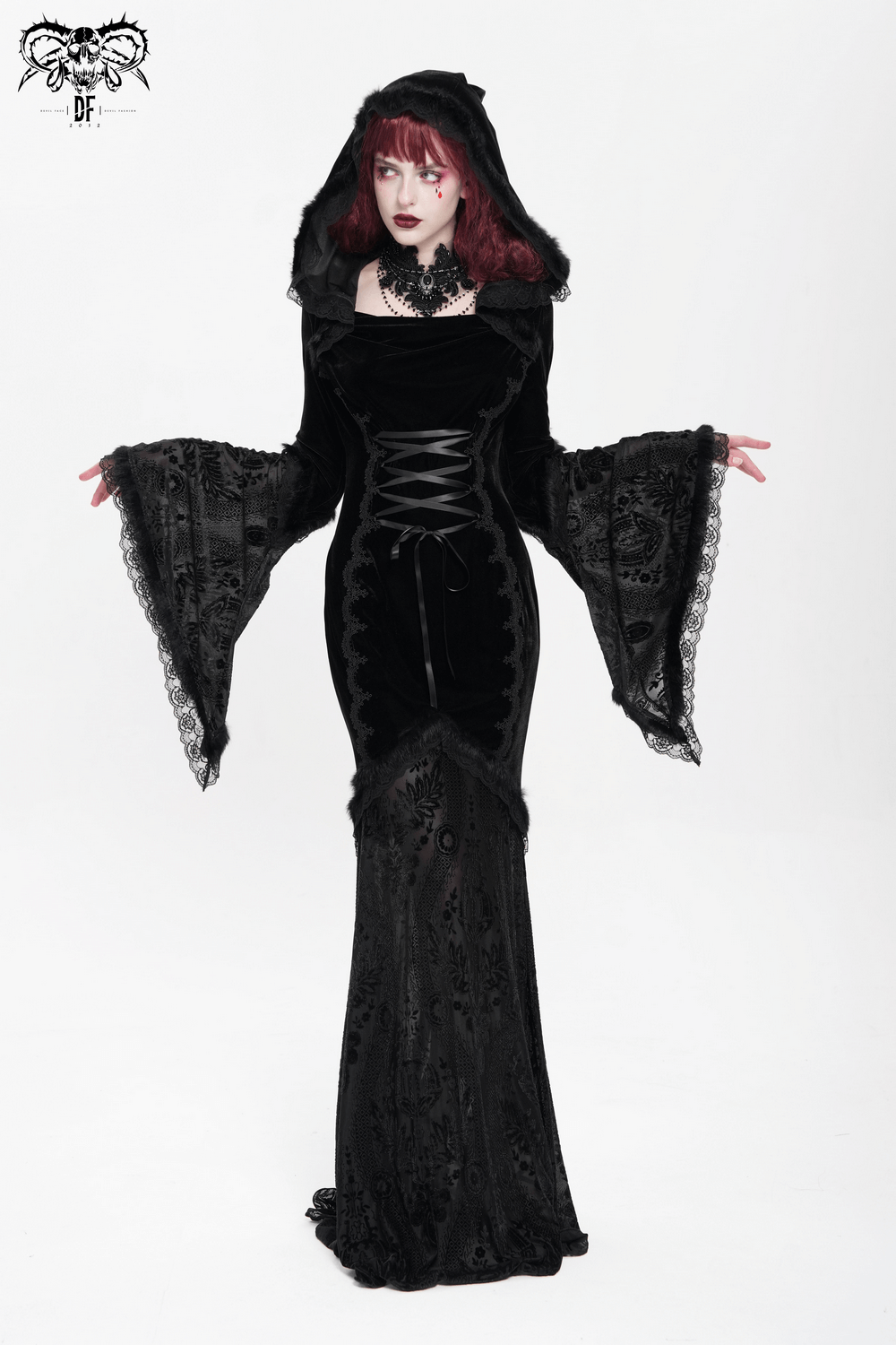 Female goth hooded dress with lace trim and corset, perfect for witchy fashion and cosplay.