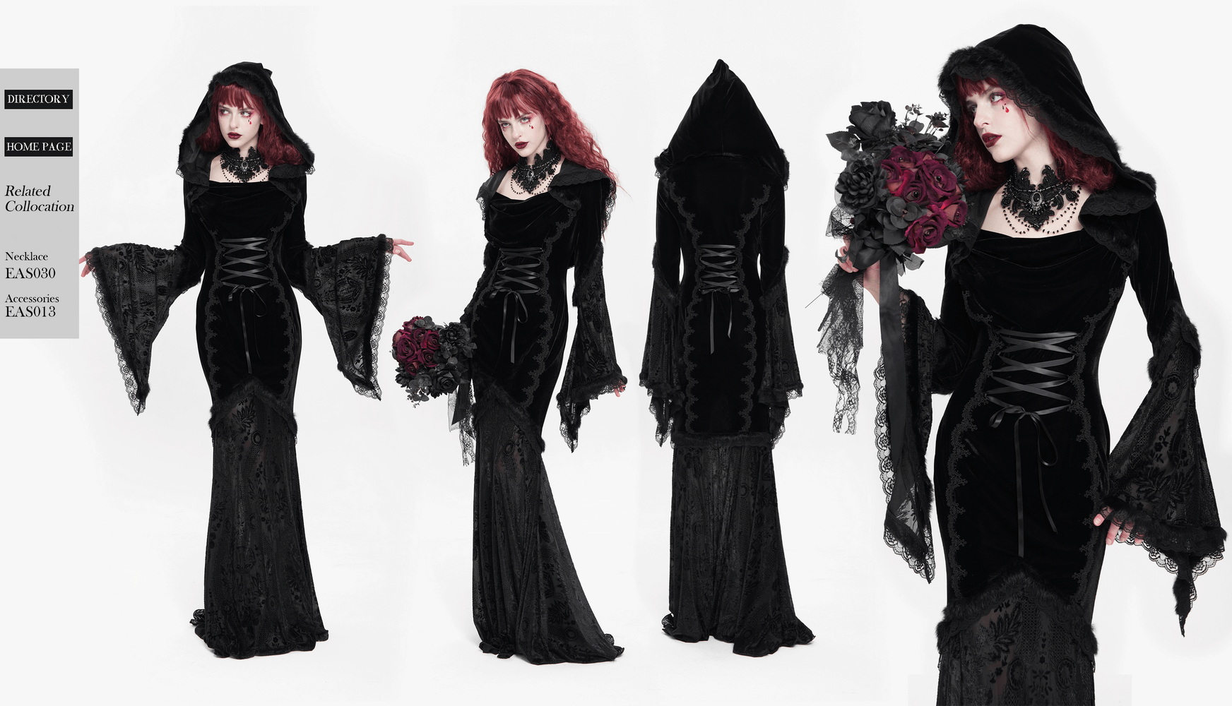 Female goth hooded dress with lace trim and corset details, perfect for witchy and cosplay outfits.