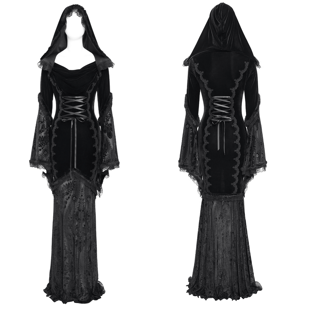 Female goth hooded dress in black velvet with lace corset and bell sleeves, perfect for witchy occasions.
