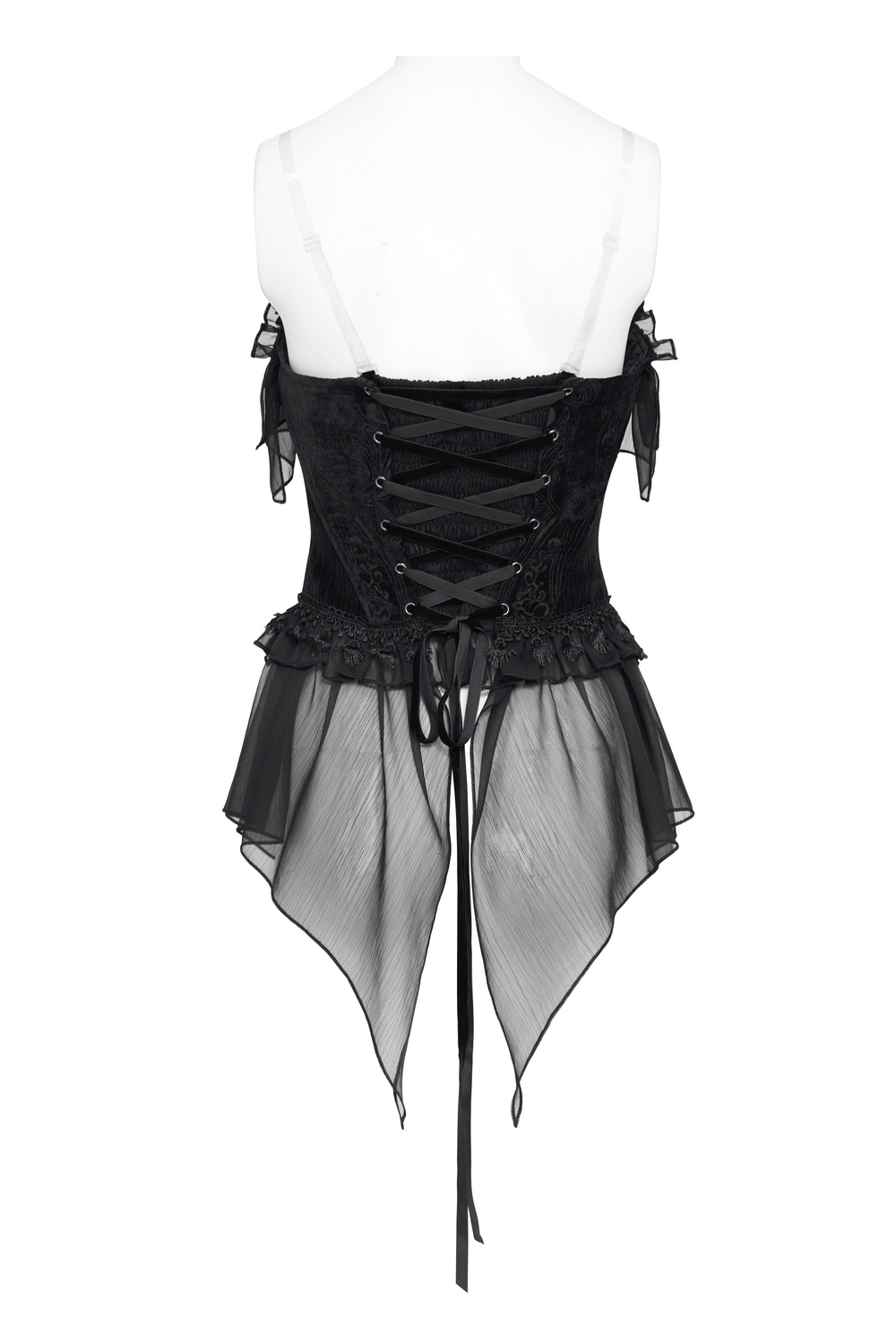 Female Goth Rose Corset Top with Chains and Lace Ruffles, black lace-up Victorian bustier with sheer asymmetric hem