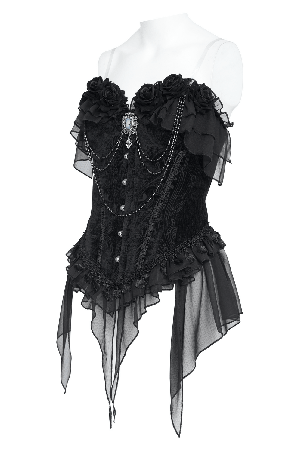 Female Goth Rose Corset Top with Chains and Lace Ruffles black gothic bustier with roses, cameo, and sheer pointed hem