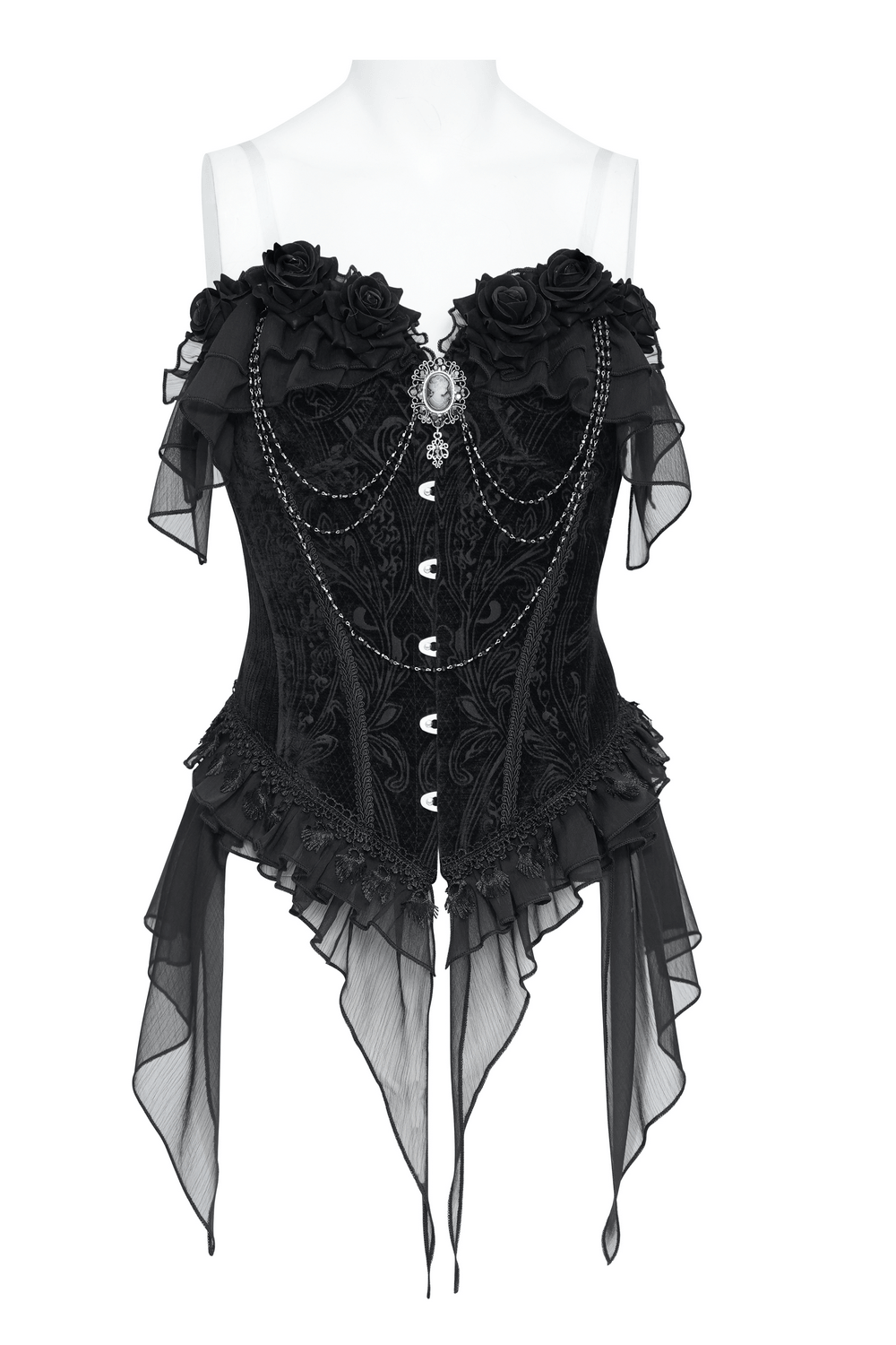 Female Goth Rose Corset Top with Chains and Lace Ruffles black Victorian bustier with rose appliques and sheer mesh hem
