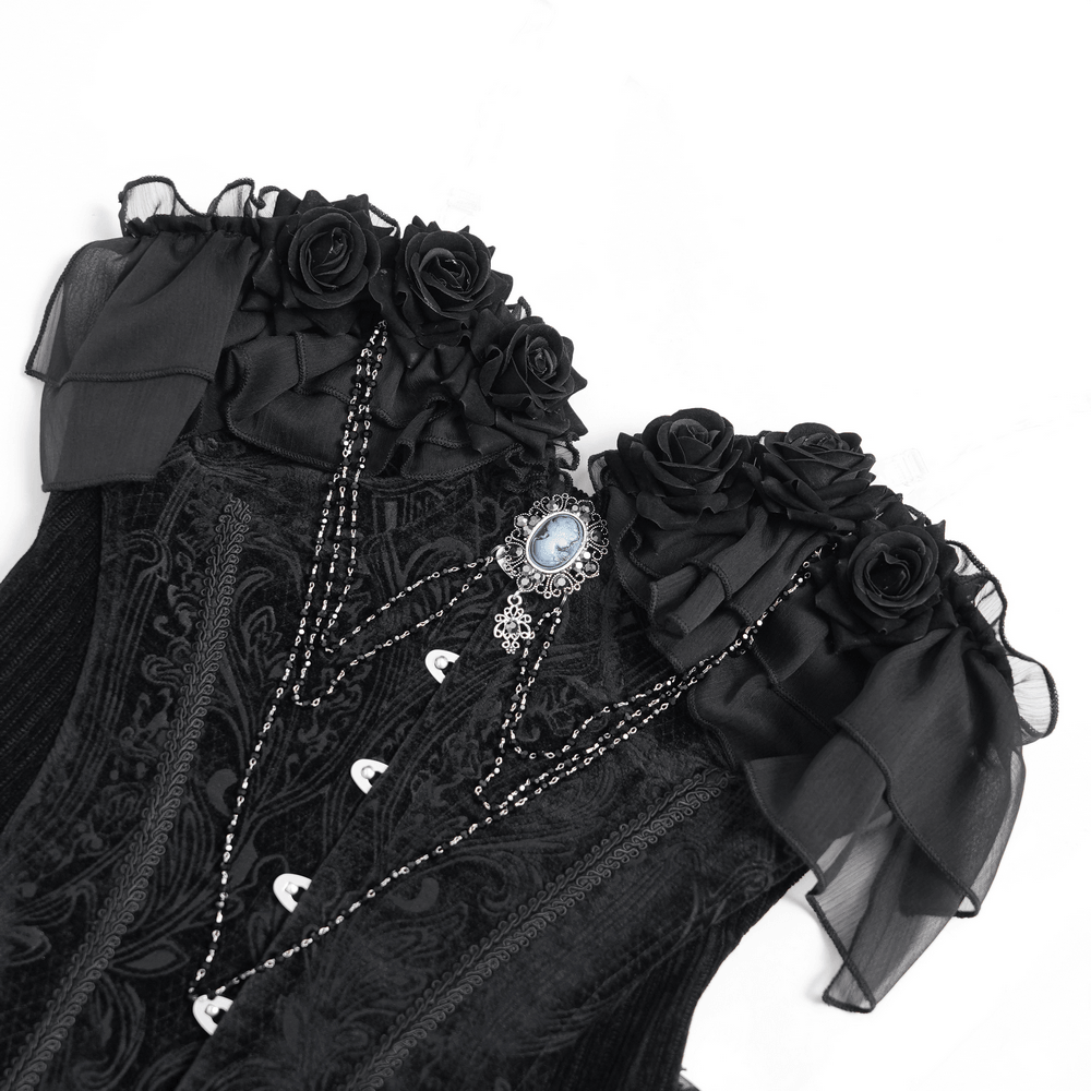 Female Goth Rose Corset Top with Chains and Lace Ruffles black Victorian bustier with roses, cameo and sheer hem