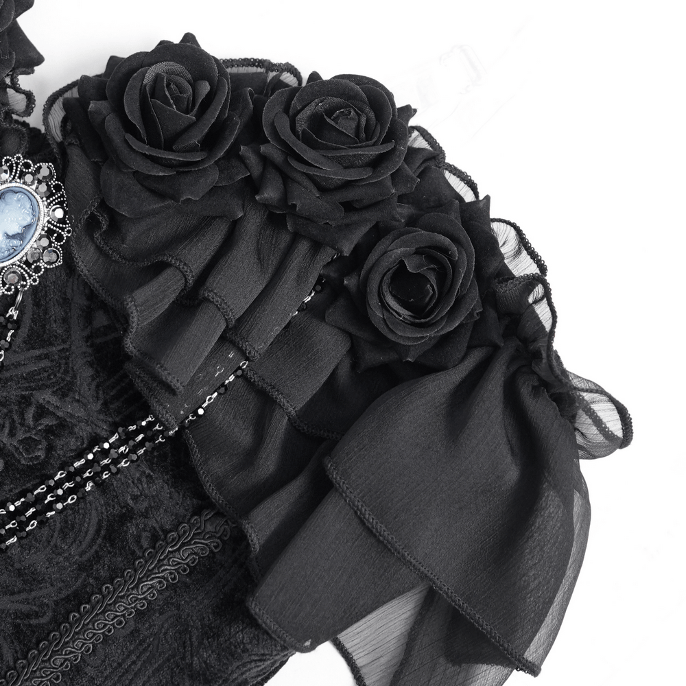 Female Goth Rose Corset Top with Chains and Lace Ruffles, black rose appliques, sheer ruffles, Victorian cameo detail