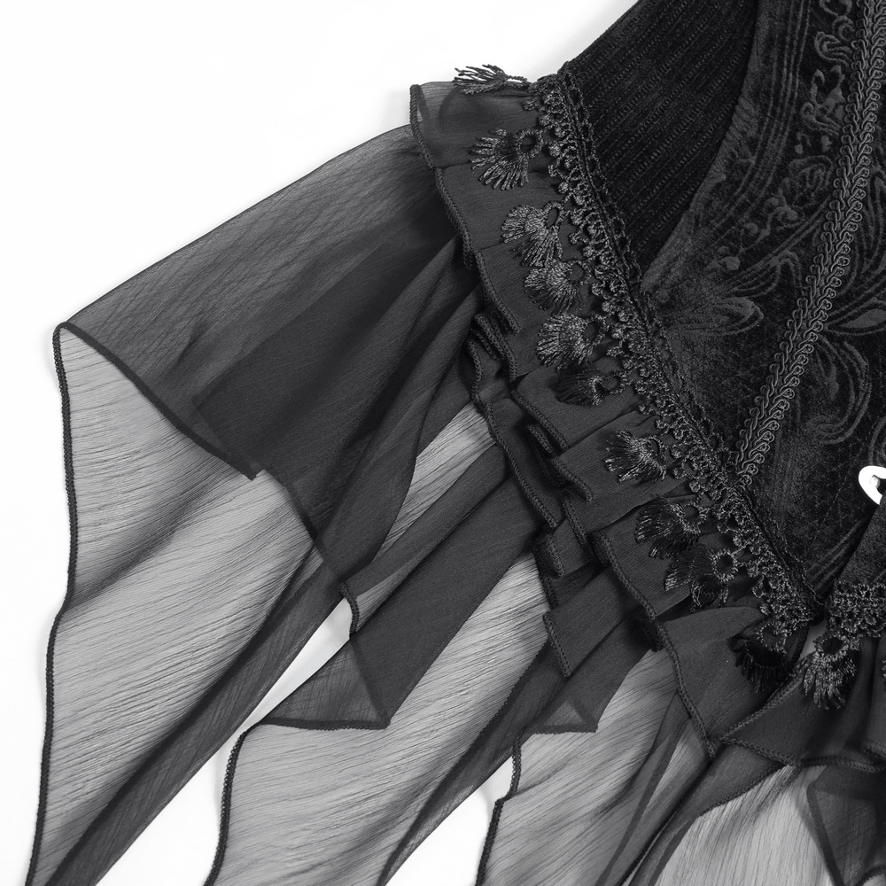 Female Goth Rose Corset Top with Chains and Lace Ruffles, black Victorian bustier with sheer mesh hem and floral details
