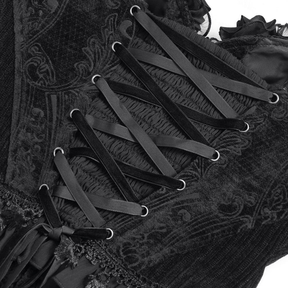 Female Goth Rose Corset Top with Chains and Lace Ruffles black Victorian bustier with lace-up back and sheer mesh hem