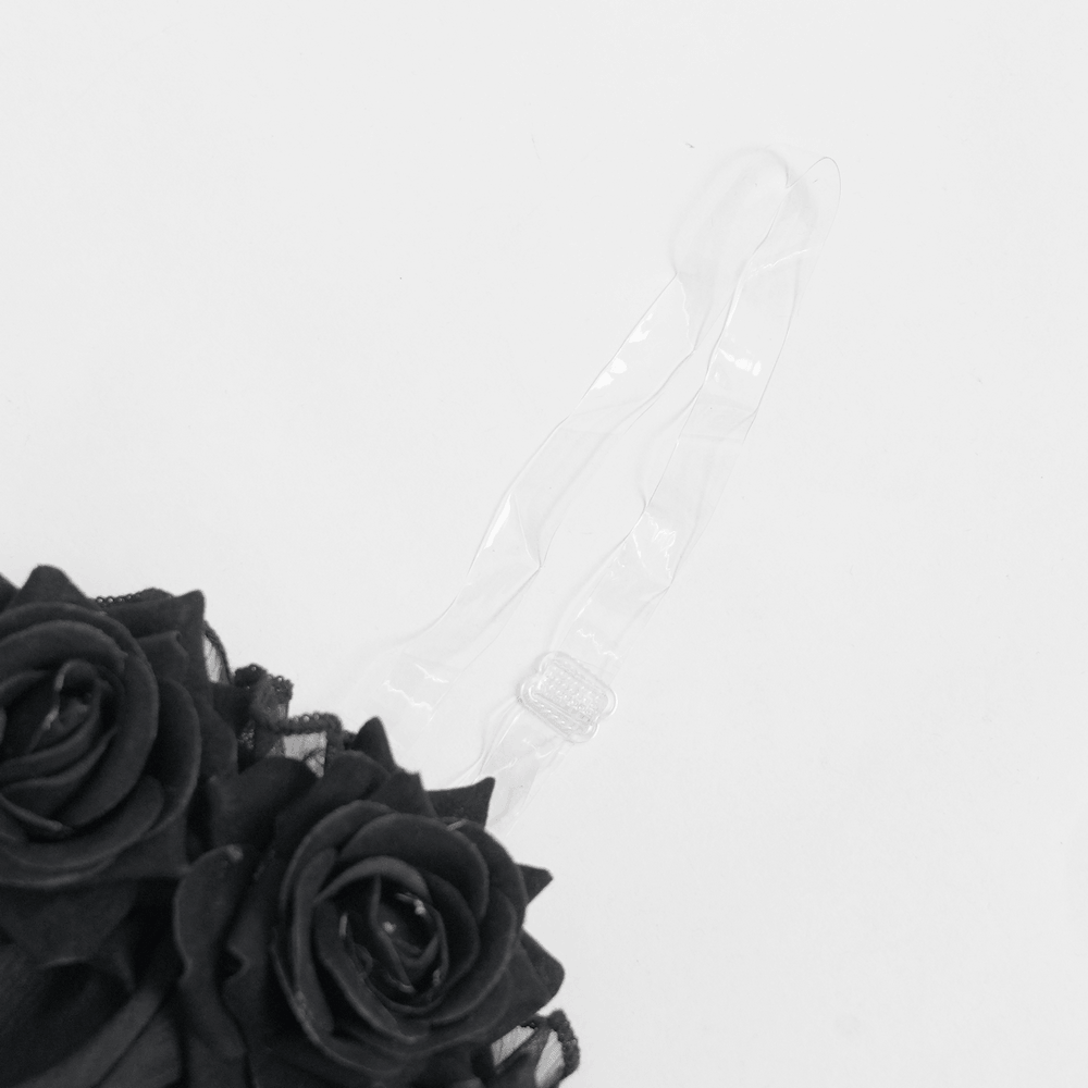 Female Goth Rose Corset Top with Chains and Lace Ruffles black rose appliques and sheer asymmetric hem, Victorian bustier style