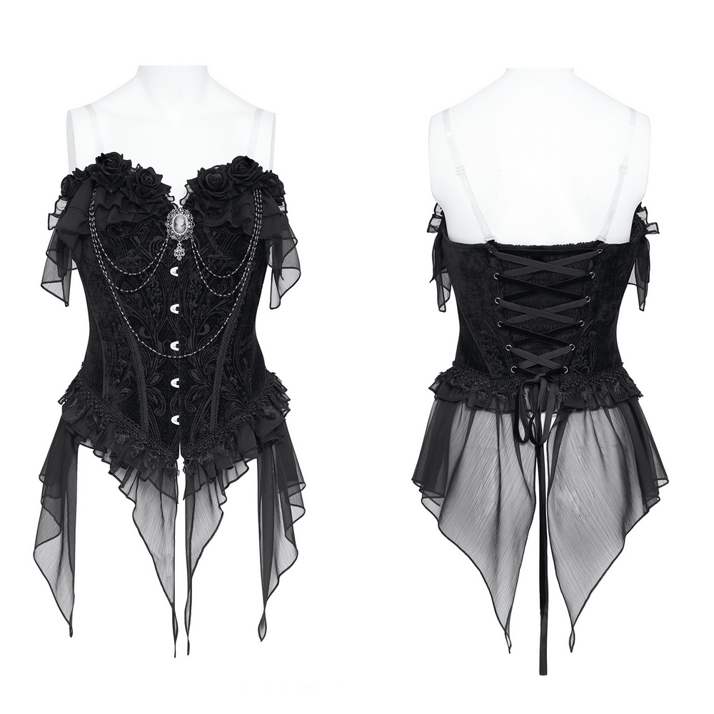 Female Goth Rose Corset Top with Chains and Lace Ruffles black Victorian bustier with roses, cameo, and sheer asymmetrical hem