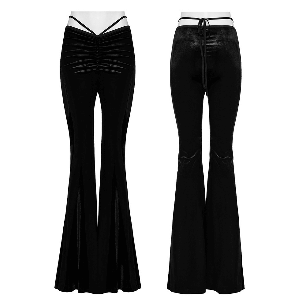 Female Goth velvet flared pants with sexy waist strap and elegant design for a bold look.