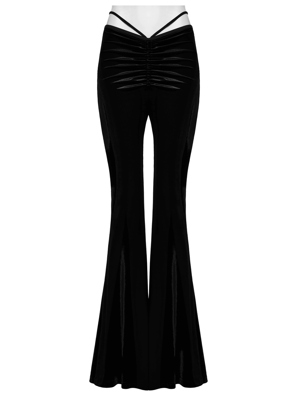 Female goth velvet flared pants with sexy waist strap, featuring a chic front pleat design and elegant black spliced hems.