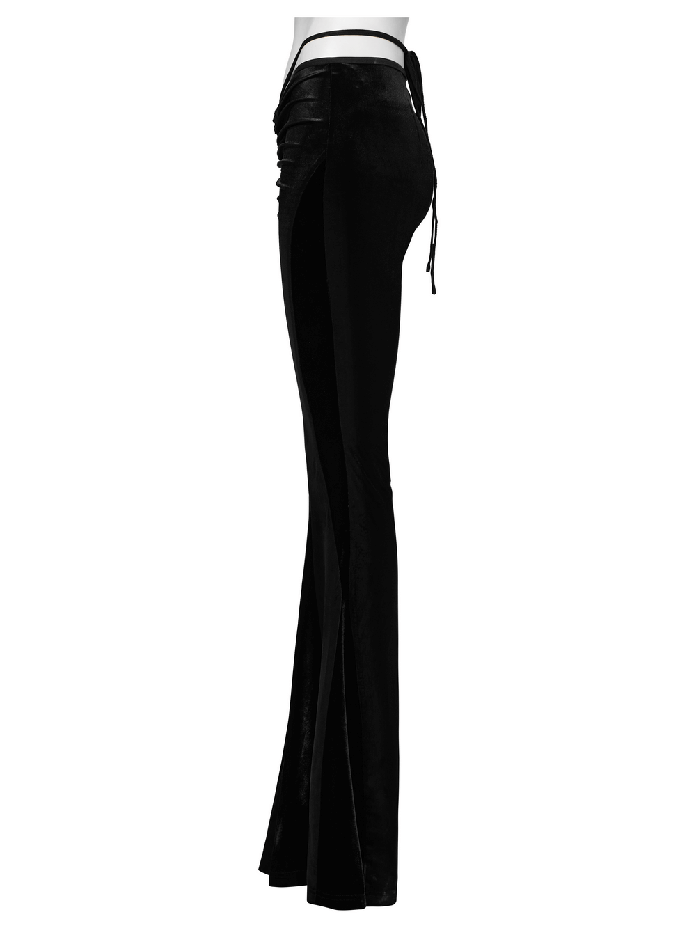 Female goth velvet flared pants with sexy waist strap, showcasing elegant curves and stylish design.