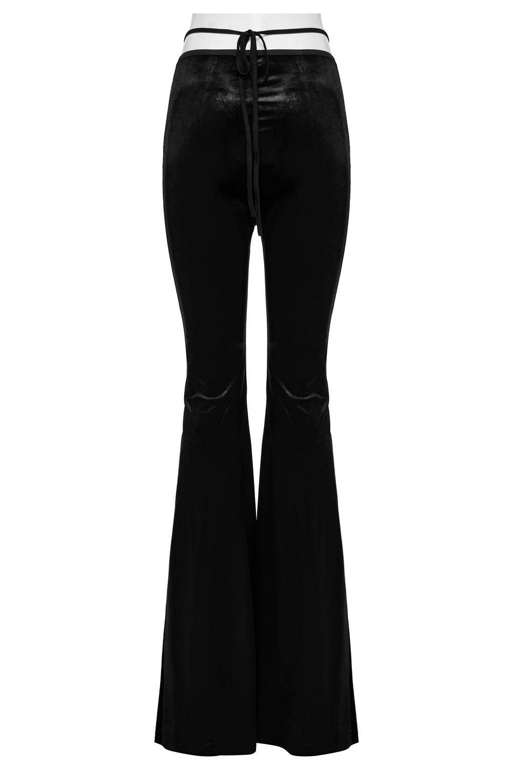 Black velvet flared pants for women with sexy waist strap, featuring a chic design and elegant contours.