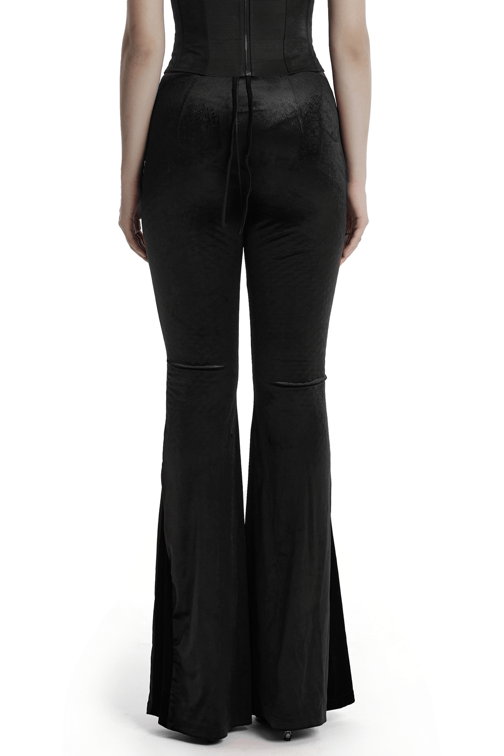 Back view of female goth velvet flared pants with waist strap, showcasing chic design and sleek fit.