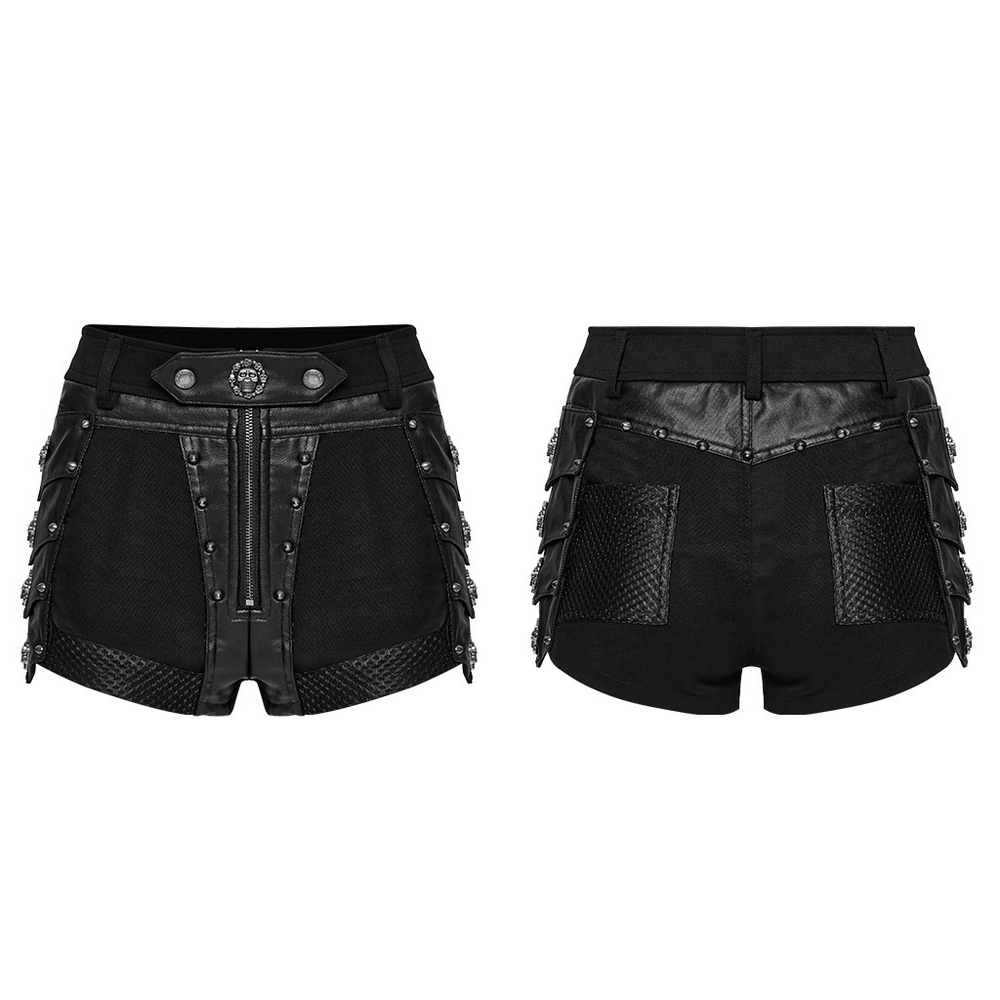 Female Gothic black studded high waist mesh shorts with skull details and layered armor fragments.