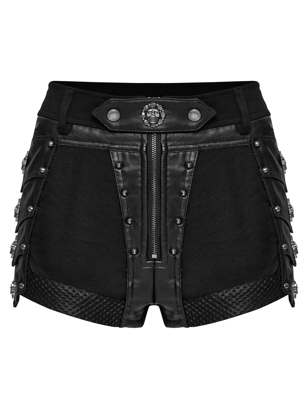 Black gothic studded high waist shorts with skull details and mesh accents, perfect for edgy streetwear.