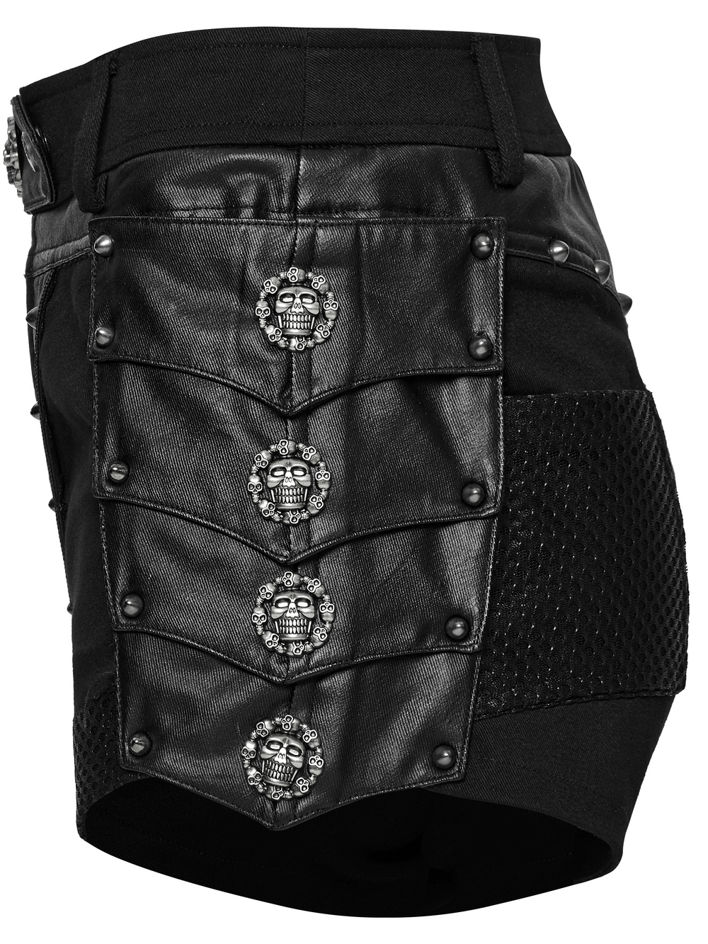 Gothic black studded high waist mesh shorts with skull details and layered armor fragments for edgy streetwear.