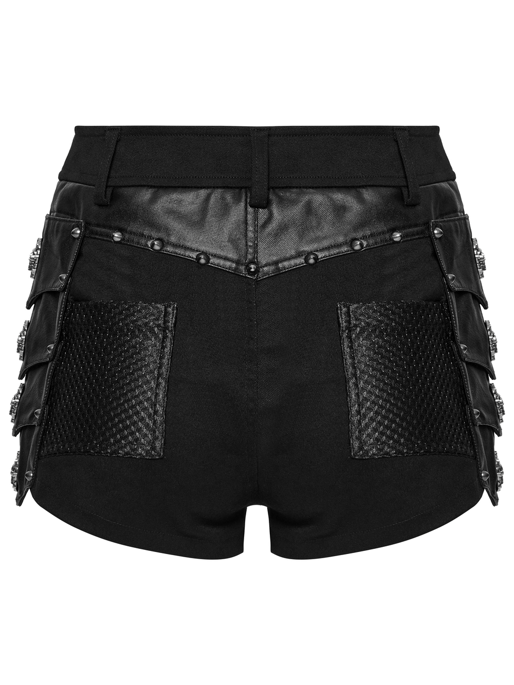 Back view of female gothic black studded high waist mesh shorts with armor fragments and skull details.
