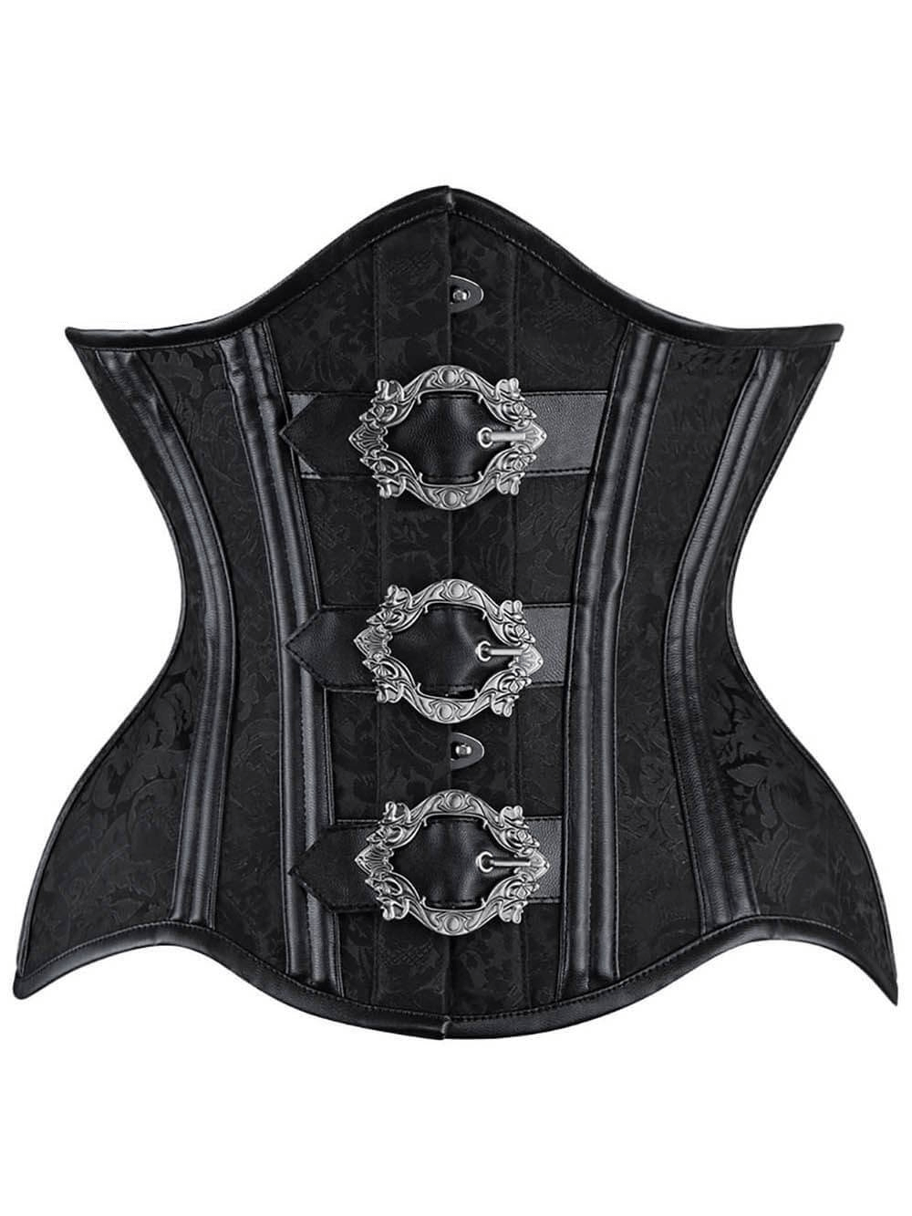 Stylish black gothic waist training corset with elegant buckles and intricate brocade design.