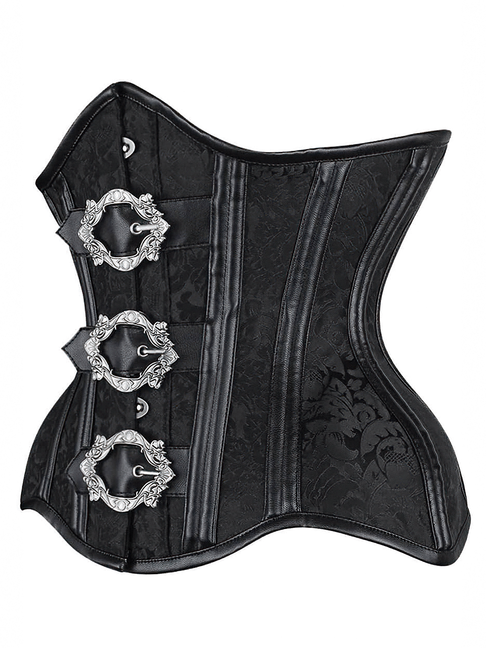 Elegant black gothic corset with ornate buckles, featuring steel boning and intricate brocade design.