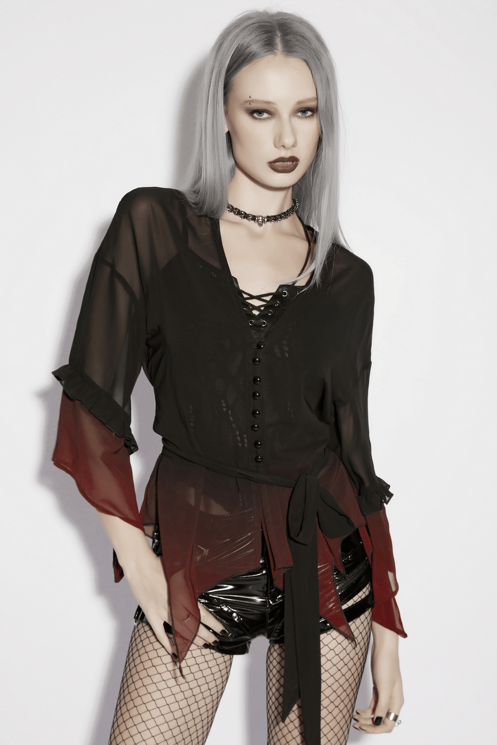 Alt Tag: Female Gothic Gradient Chiffon Tie Waist Cover Up goth gradient chiffon cape with irregular hem, tie waist, sun protection cover-up
